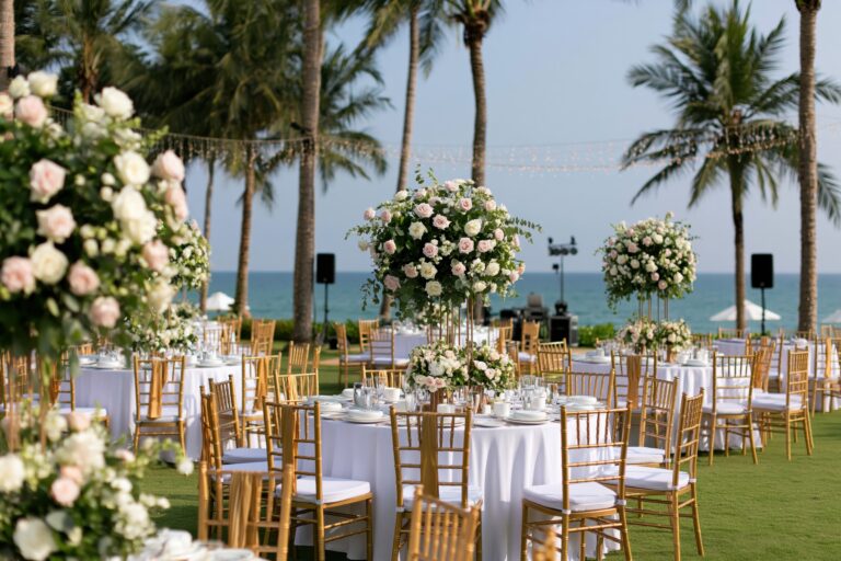 Wedding reception at a luxury outdoor seaside venue with elegant floral decor